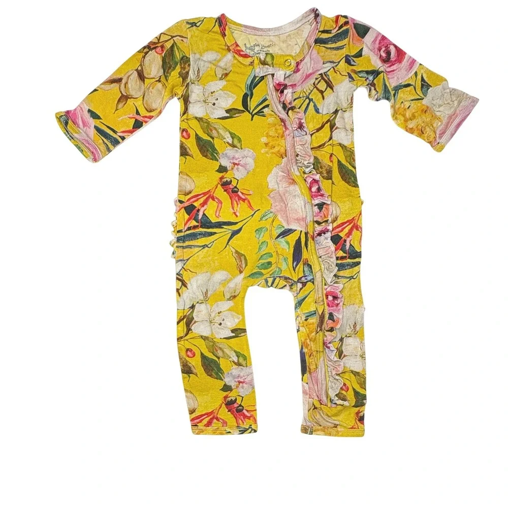 Posh Peanut Tuscan Yellow Ruffle Romper 12-18 Months Floral‎ Earlier Print HTF